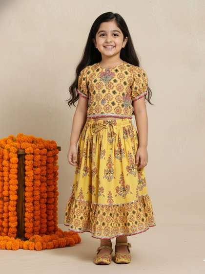 Sangria Girls Floral
                    Print Embroidered & Gotta Patti Detail Pure
                    Cotton Lehenga Choli