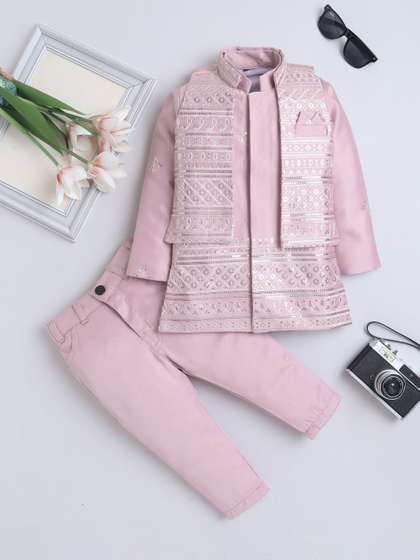 FOURFOLDS Boys
                        Embroidered Sherwani & Trouser Set With
                        Shrug