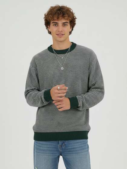 glitchez Self
                        Striped Round Neck Oversized Pullover
