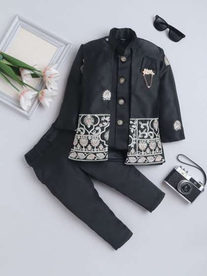 FOURFOLDS Boys
                          Embroidered Mandarin Collar Sherwani &
                          Trouser Set With Shrug