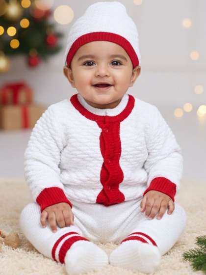 Little Angels Woollen
                    Full Sleeves Cardigan Baby Sweater with Pant, Cap
                    & Socks Set