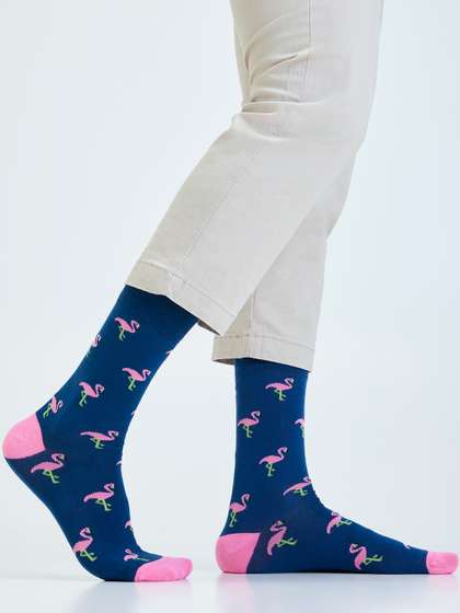 Mint & Oak Men Blue
                    & Pink Flamingo Patterned Calf-Length Socks