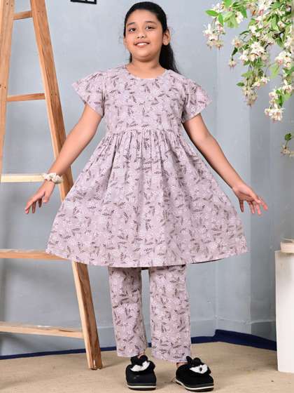 Megha Overseas Girls
                    Floral Printed Pleated Pure Cotton Kurti with
                    Trousers
