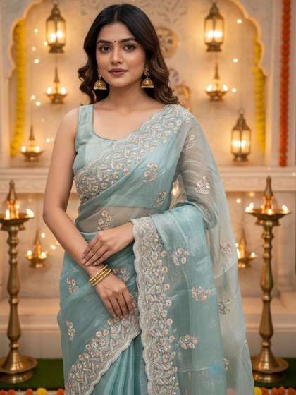FABLAND Floral
                        Embroidered Organza Heavy Work Ikat Saree