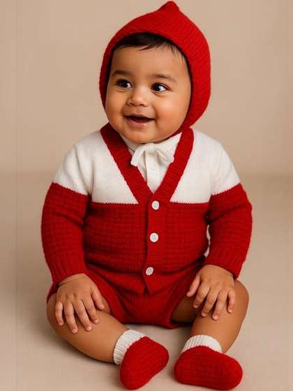 Little Angels
                      Colourblocked Woollen Full Sleeves Cardigan
                      Sweater with Cap & Socks Set
