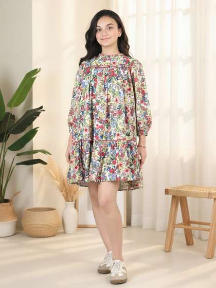 Cutiekins Girls Floral
                    Print Puff Sleeves Fit & Flare Dress