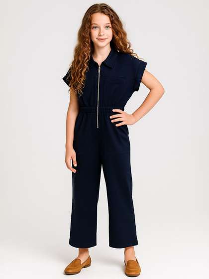 YK Girls Navy Blue Short
                    Sleeves Solid Elastic Detailed Front Zipper
                    Jumpsuit