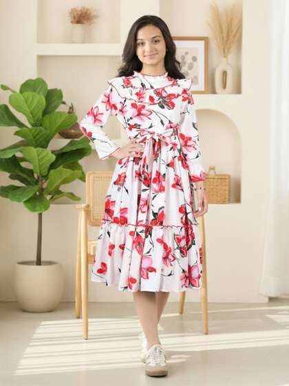 Cutiekins Girls Floral
                      Printed Bell Sleeve Ruffled Fit & Flare Midi
                      Dress