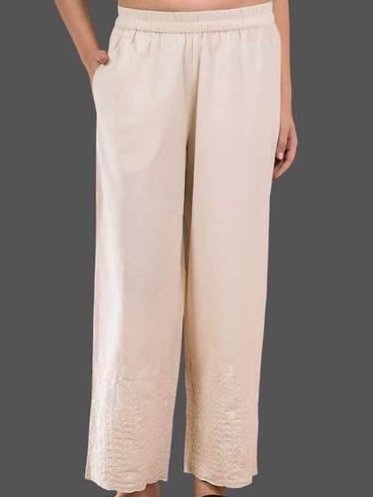 Saffron Threads
                          Natural Flora Crest Women Wide Leg Embroidered
                          Hem Palazzo