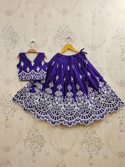 Sangria Girls Thread
                    Work Embroidered V-Neck Flared Lehenga With Choli