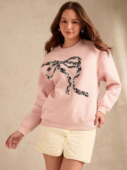 Outzidr Bow Sequined
                        Russian Fleece Sweatshirt