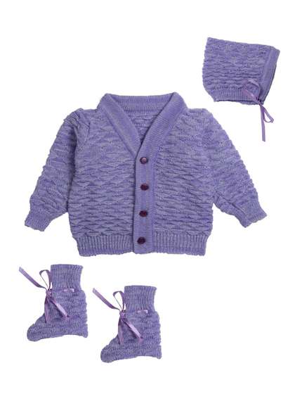 Little Angels Girls
                    Woollen V-Neck Full Sleeves Cardigan Sweater with
                    Cap & Socks Set