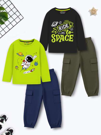 YK X Trampoline Kids
                      Pack of 2 Typography Printed Round Neck T-shirt
                      With Joggers