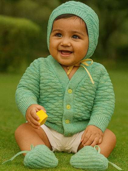 Little Angels Cable
                      Knit Woollen V-Neck Full Sleeves Cardigan Sweater
                      with Cap & Socks Set