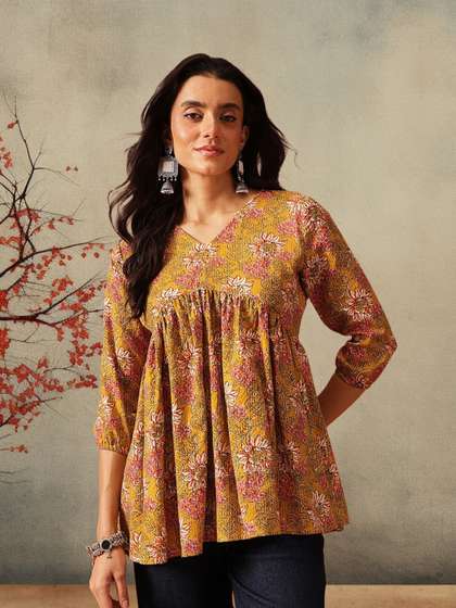 FEMBLISS Women
                          Pure Cotton V-Neck Three-Quarter Sleeves
                          Peplum Kurti