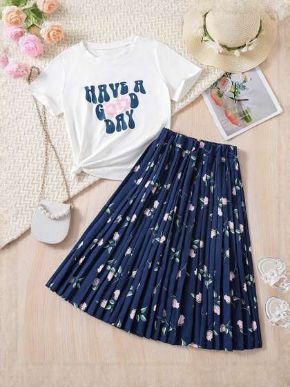 BAESD Girls Printed
                    Round Neck Short Sleeves Top With Skirt