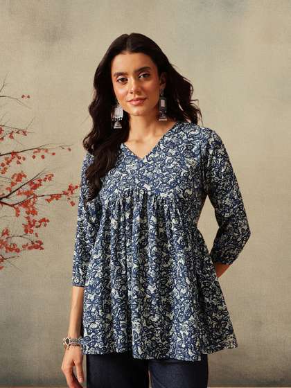 FEMBLISS Pure Cotton
                        V-Neck Three-Quarter Sleeves Peplum Kurti