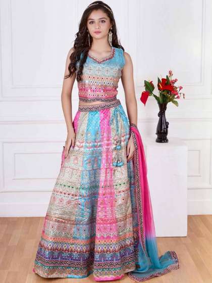 Sangria Girls
                        Printed Mirror Work Ready To Wear Lehenga &
                        Blouse With Dupatta