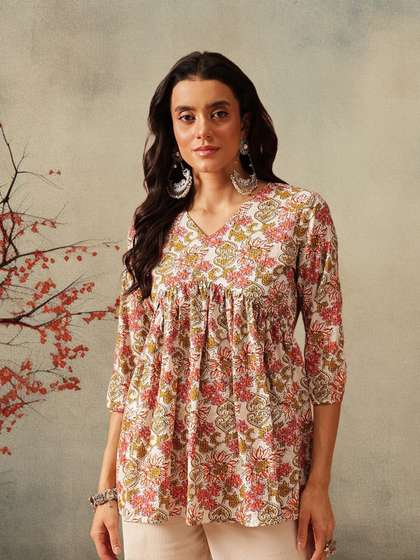 FEMBLISS Pure Cotton
                        V-Neck Three-Quarter Sleeves Peplum Kurti