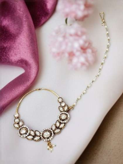 ANIKAS CREATION
                      Gold-Plated Kundan Studded And Pearls Beaded
                      Chained Nosepin