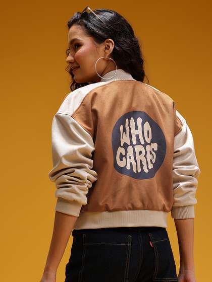 HERE&NOW
                        Typography Print Suede Finish Varsity Jacket