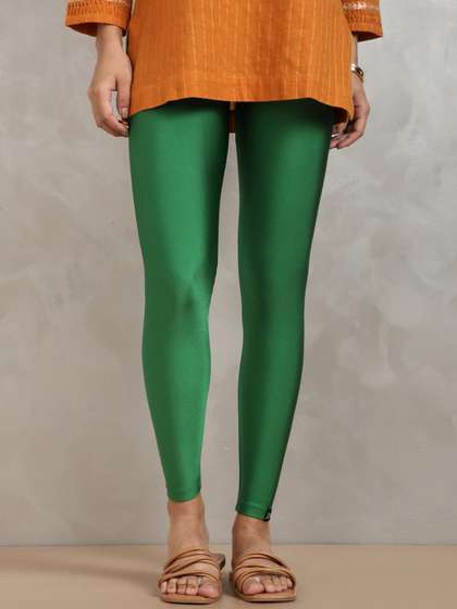 TWIN BIRDS Women
                        Green Solid Shimmer Ankle-Length Leggings