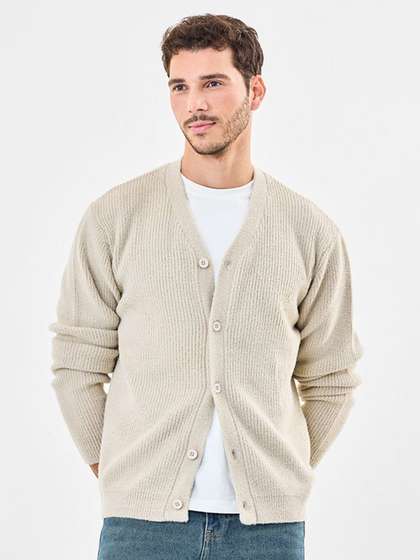 Snitch Men Ribbed
                        V-Neck Long Sleeves Cardigan