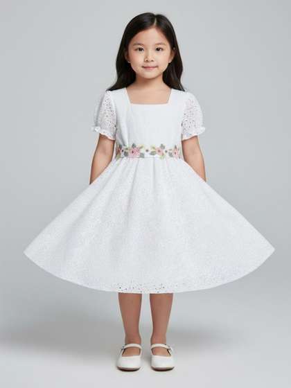 Miss & Chief Girls
                    Gathered or Pleated Schiffli Puff Sleeve Fit &
                    Flare Dress