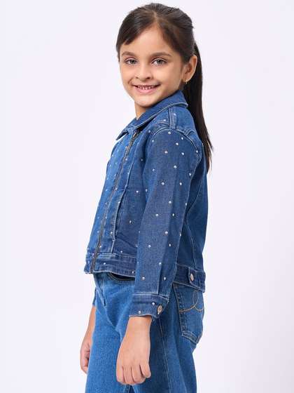 Ed-a-Mamma Girls Spread Collar Self Design Denim Pure Cotton Jacket