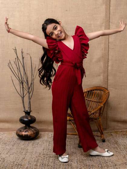 Cutiediva Girls Striped
                    V-Neck Ruffles Detail Basic Jumpsuit