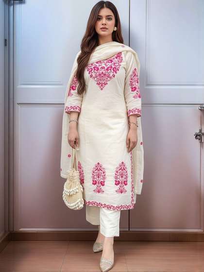 Aaghnya Women Ethnic
                        Motifs Embroidered Regular Thread Work Kurta
                        with Trousers & With Dupatta