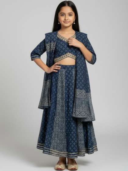 Biglilpeople Girls
                        Printed V-Neck Cotton Lehenga & Blouse With
                        Dupatta