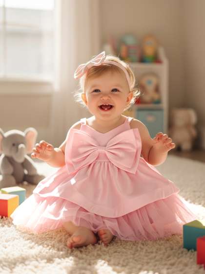 YK Infant Girls Satin
                      Fit & Flare Dress with Detachable Bow
