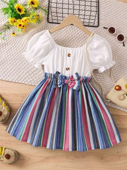 YK Girls Striped Round
                    Neck Puff Sleeves Bow Cotton Fit and Flare Dress