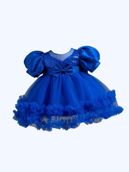 YK Girls Embellished
                    Puff Sleeve Ruffled Cotton Fit & Flare Dress