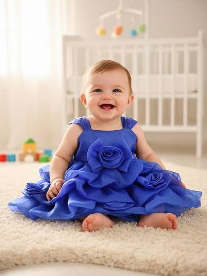 YK Girls Puff Sleeve
                    Floral Applique Fit & Flare Dress