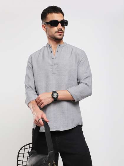 VASTRADO Men Grey
                          Striped Refined Jacquard Thread Work Kurta