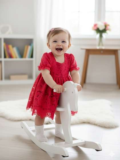 YK Girls Floral Puff
                    Sleeves Lace Fit & Flare Dress