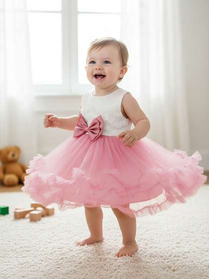 YK Girls Lace Frills
                    Bows Fit & Flare Dress