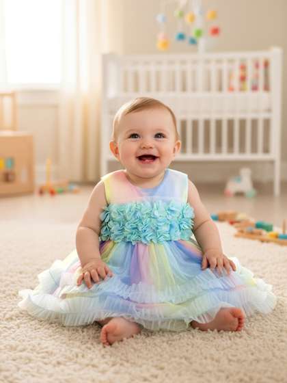 YK Girls Applique
                    Rainbow Print Net Fit & Flare Dress