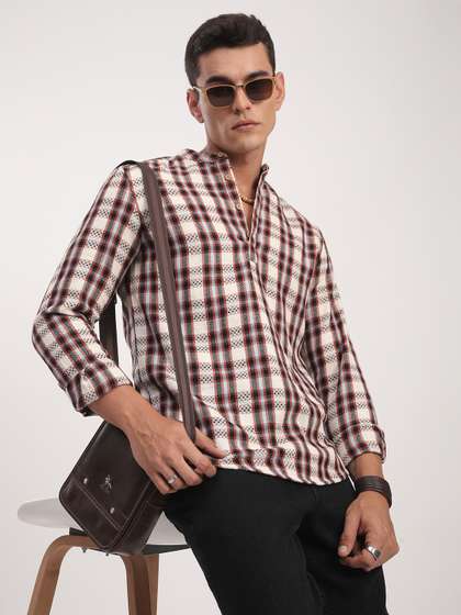 VASTRADO Men Checked
                        Mandarin Collar Cotton Thread Work Kurta