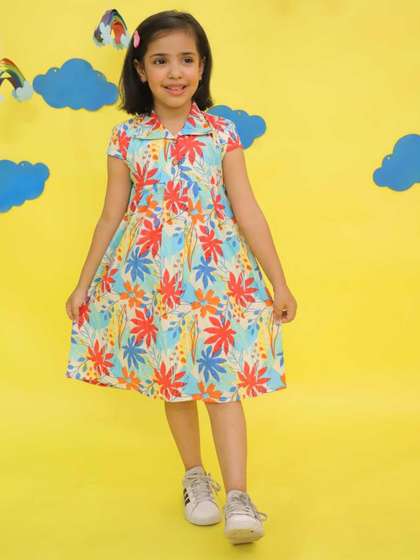 Sangria Girls Floral
                    Printed Shirt Collar Cotton Fit & Flare Dress