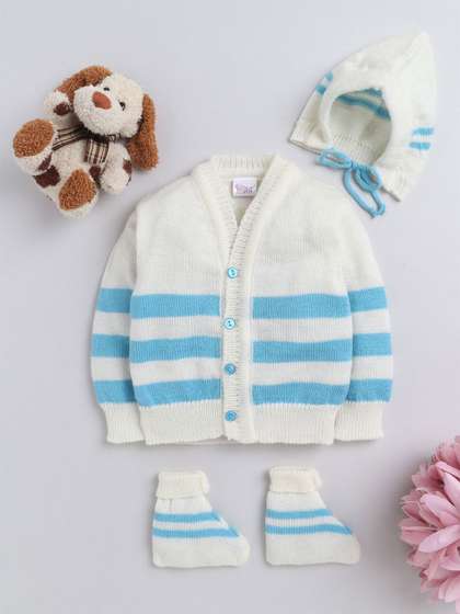 Little Angels Unisex
                      Baby Striped Woollen Cardigan Sweaters With Cap
                      and Socks Set