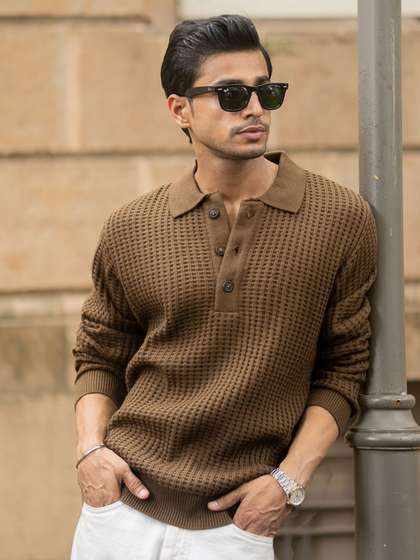 Powerlook SS25
                        Geometric Self Design Polo Collar Long Sleeves
                        Pullover Sweater