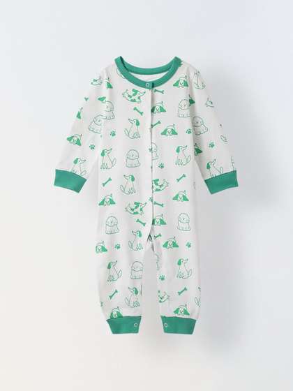 SPUNKIES White &
                      Green Cotton Jersey Romper With Dog's Print For
                      Infants