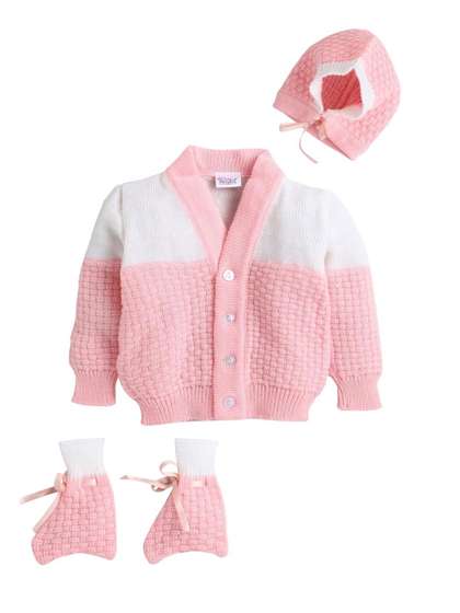 Little Angels Unisex
                    Baby Colourblocked Woollen Cardigan Sweaters With
                    Cap and Socks Set