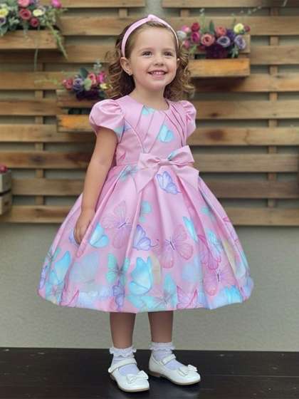 YK Girls Butterfly
                    Printed Puff Sleeves Satin Fit & Flare Dress