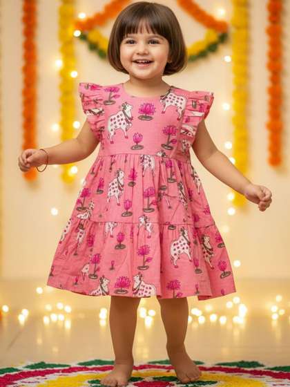 Sangria Girls Ethnic
                    Motifs Printed Flutter Sleeve Tiered Fit & Flare
                    Midi Dress