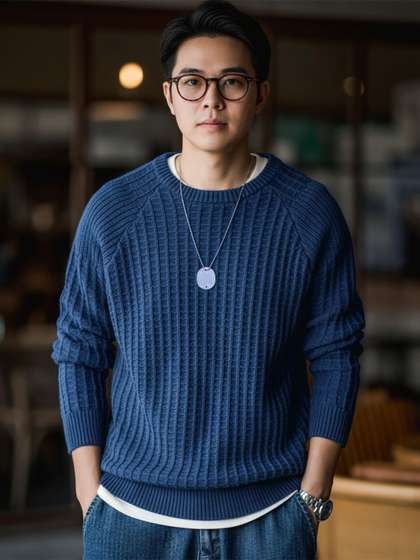 fashlook Men Waffle
                        Round Neck Long Sleeves Woollen Pullover