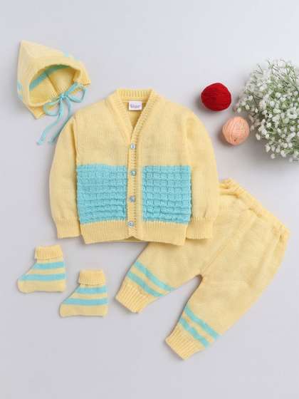 Little Angels Unisex
                    Baby Colourblocked Woollen Cardigan Sweaters with
                    Pant,Cap& Socks Set